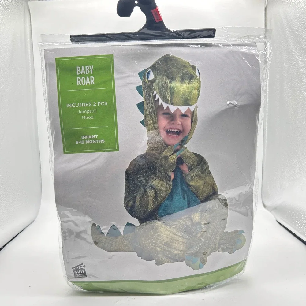 NEW Baby Roar Dinosaur Costume‎ Infant 6-12 Months Jumpsuit & Hood Halloween